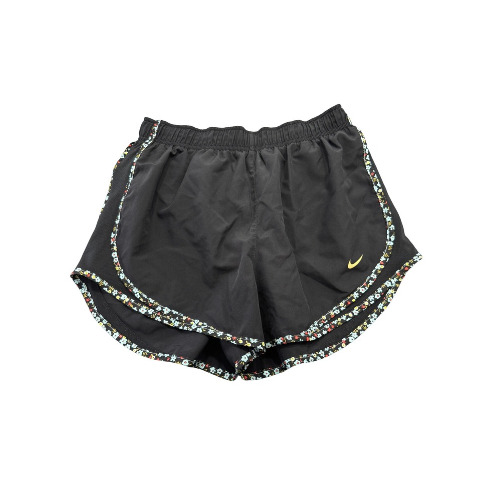 Nike Dri-FIT Floral Trim Running Shorts Womens Medium Black Athletic Dolphin Hem
